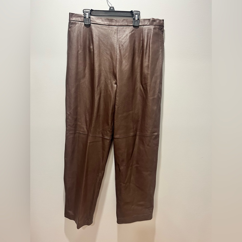 Terry Lewis Leather Pants Women's Size 14P Brown  Straight Leg Vintage Retro‎